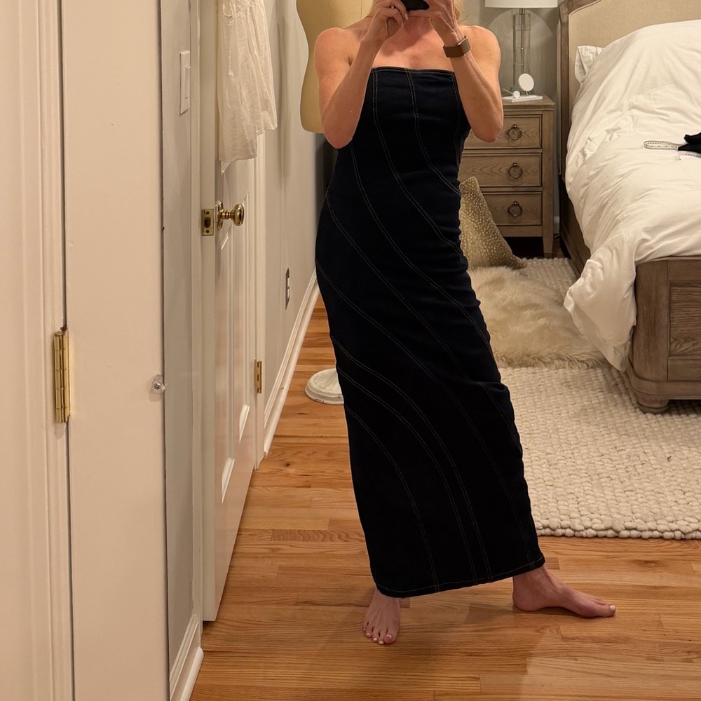 NWT Zara Dark Denim Sculpted Stitch Strapless Stretch Dress L - Picture 2 of 8